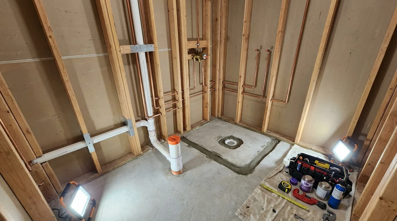 Bathroom rough-in plumbing during remodel by Johns Plumbing LLC in Sherburn