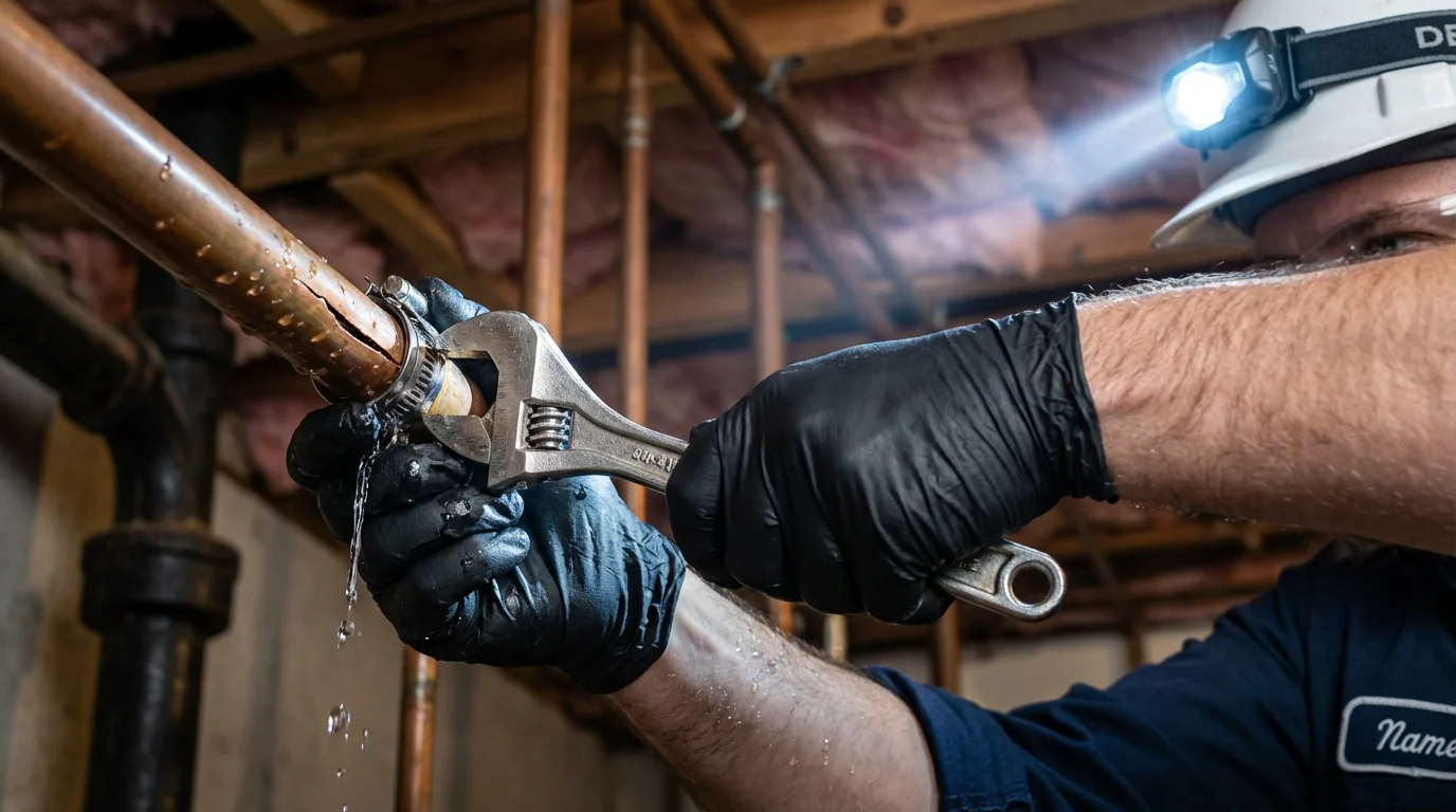 Emergency pipe clamp repair being performed by a Johns Plumbing LLC plumber in Sherburn